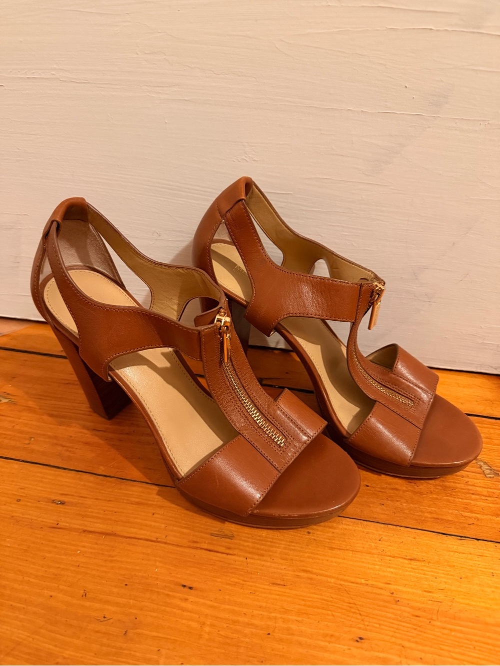 Women’s Brown Leather Zip-Front Block Heel Sandals Michael Kors 9-1/2